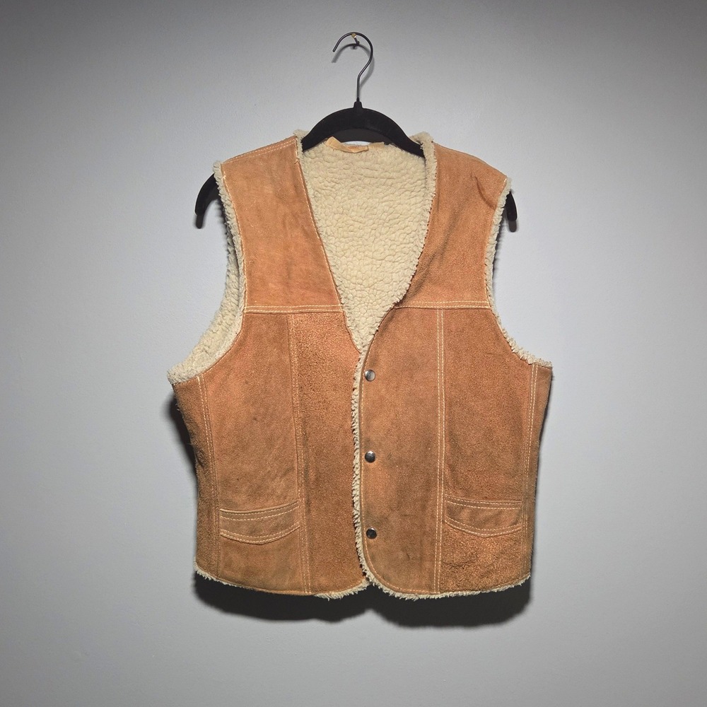 Vintage 70s Leather Suede Vest L Brown Tan Faux Shearling Lined Western Rancher